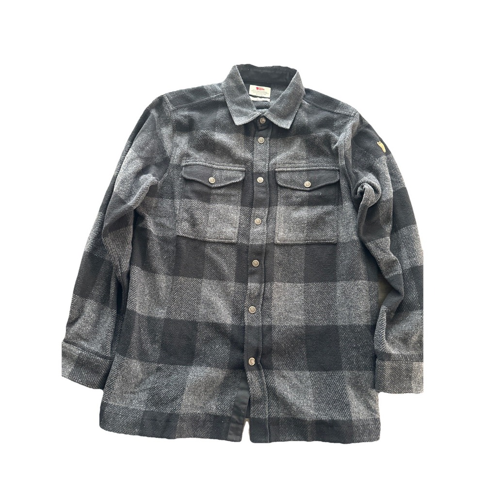 Fjallraven Canada Shirt Mens XLarge Black Grey Buffalo Plaid Wool Blend Flannel